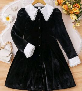 Kids Costumes to Hire - Black Velvet dress - white collar & cuffs - 8 Years